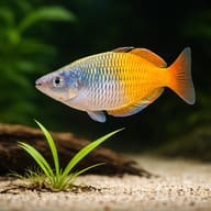 Boesemann's Rainbow Fish (Melanotaenia boesemani) close view beside an aquarium plant - view 4
