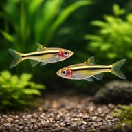 Least Rasbora UK — Pair of Exclamation Point Rasboras swimming together in dense planted cover — representative image - view 2