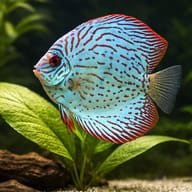 Representative Brilliant Turquoise-type discus beside aquarium plants; actual fish vary - view 4