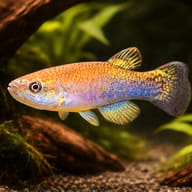 Green/Brown Rivulus, Rivulus cylindraceus, planted driftwood aquarium view — representative image - view 1