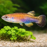 Green/Brown Rivulus (Rivulus cylindraceus) size reference beside aquarium plants — representative image - view 4