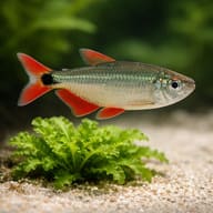 Buenos Aires Tetra with red fins above a ruffled green plant - view 4