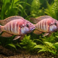 Scene showing two Burton's Mouthbreeders among aquarium plants, swimming side by side over gravel - view 2