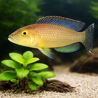 Callipterus cichlid (Lamprologus callipterus) scale view near shells and sand — representative image - view 4