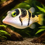 Illustrative Valentini Puffer (Canthigaster valentini) aquarium scene with driftwood — representative image - view 1