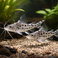 Pictus Catfish (Pimelodus pictus) pair in a planted aquarium - view 2