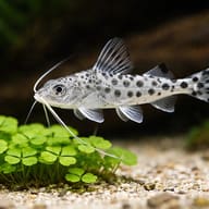 Pictus Catfish (Pimelodus pictus) close view beside an aquarium plant - view 4