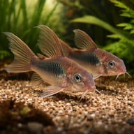 Bronze catfish (Corydoras aeneus long fin) pair in a planted aquarium - view 2