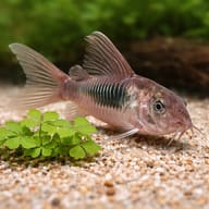 Bronze catfish (Corydoras aeneus long fin) close view beside an aquarium plant - view 4