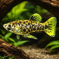 Spotted Livebearer / Caudo (Phalloceros caudimaculatus) in a planted driftwood aquarium scene — representative image - view 1