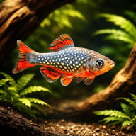 Celestial Pearl Danio showing pearl spots and red fins in plants — representative image - view 1