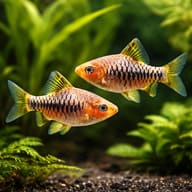 Chequer Barb, gold — pair in a planted aquarium — representative image - view 2