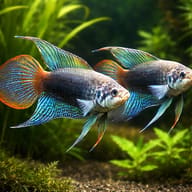 Two Round-Tailed Paradise Fish (Macropodus ocellatus) in a planted aquarium, representative illustration only - view 2