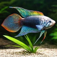 Round-Tailed Paradise Fish among aquarium plants, representative stock illustration; not a size scale - view 4