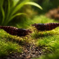 Pair of Chocolate Cherry Shrimp (Neocaridina davidi) among aquarium plants — representative image - view 2