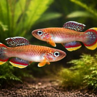 Cinnamon Killie (Fundulopanchax cinnamomeus) pair in a calm planted setup - view 2