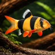 Stylised representative Clown Loach (Chromobotia macracanthus) beside aquarium wood - view 1