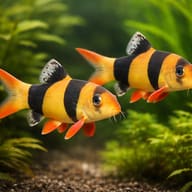 Clown Loach (Chromobotia macracanthus) — Stylised group of Clown Loaches in a planted aquarium - view 2