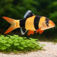Stylised representative Clown Loach (Chromobotia macracanthus) near aquarium plants - view 4