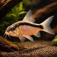Corydoras arcuatus with a dark upper stripe swimming over gravel beside wood - view 1