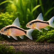 Two Corydoras arcuatus swimming together above gravel and green moss - view 2