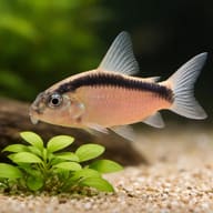 Corydoras arcuatus swimming above pale gravel and a small green plant - view 4
