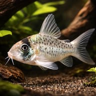 Corydoras sp. aff. sychri C53 longnose catfish on smooth sand in a planted aquarium - hero aquarium view - view 1