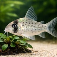 Corydoras sp. aff. sychri C53 longnose catfish on smooth sand in a planted aquarium - scale and plant view - view 4