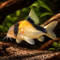 Sands' Cory (Hoplisoma davidsandsi) beside driftwood on fine gravel, showing its orange head and black eye mask - view 1