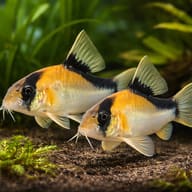 Two corys foraging side by side over dark sand with fine-leaved plants behind - view 2