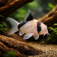 Masked Corydoras (Hoplisoma metae) beside aquarium driftwood — representative image - view 1