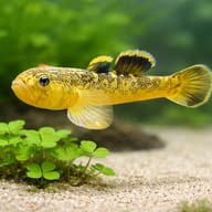 Desert Goby Gold (Chlamydogobius eremius) scale reference beside aquarium plants — representative image - view 4