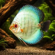 Pale blue discus with orange facial markings beside aquarium driftwood - view 1