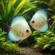 View of two pale blue discus in a planted aquarium; fish sold individually - view 2