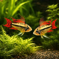 Cacadu Dwarf Cichlid double red (Apistogramma cacatuoides double r) pair in a planted aquarium - view 2