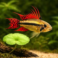 Cacadu Dwarf Cichlid double red (Apistogramma cacatuoides double r) close view beside an aquarium plant - view 4