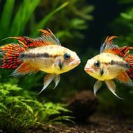 Cacadu Dwarf Cichlid orange (Apistogramma cacatuoides orange) pair in a planted aquarium - view 2