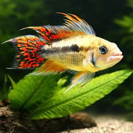 Cacadu Dwarf Cichlid orange (Apistogramma cacatuoides orange) close view beside an aquarium plant - view 4