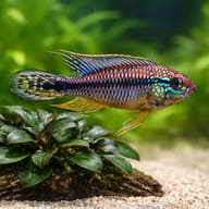 Caetei Dwarf Cichlid (Apistogramma caetei) close view beside an aquarium plant - view 4
