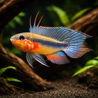 Colourful Elizabethae dwarf cichlid in side view beside aquarium driftwood - view 1