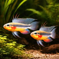 Two colourful Elizabethae dwarf cichlids swimming above sand and plants - view 2