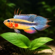 Colourful Elizabethae dwarf cichlid swimming above broad green leaves - view 4