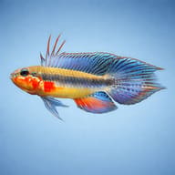 Single Elizabethae dwarf cichlid in side profile against a pale blue background - view 3