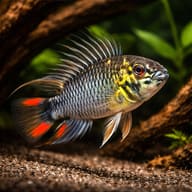 Hoignei Dwarf Cichlid (Apistogramma hoignei) beside aquarium wood — representative image - view 1