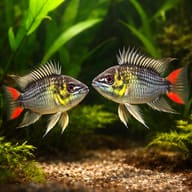 Apistogramma hoignei — Pair of Hoignei Dwarf Cichlids in a planted cave aquarium — representative image - view 2