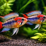Red-Tailed Dwarf Cichlid red mask (Apistogramma macmasteri red mask) pair in a planted aquarium - view 2