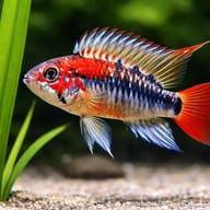 Red-Tailed Dwarf Cichlid red mask (Apistogramma macmasteri red mask) close view beside an aquarium plant - view 4