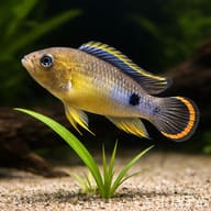 Nijsseni's Dwarf Cichlid (Apistogramma nijsseni) close view beside an aquarium plant - view 4