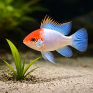 Electric Blue Ram (Papiliochromis ramirezi electric blue) close view beside an aquarium plant - view 4