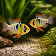 Two Asia Form Ram Cichlids facing each other above gravel and green plants - view 2